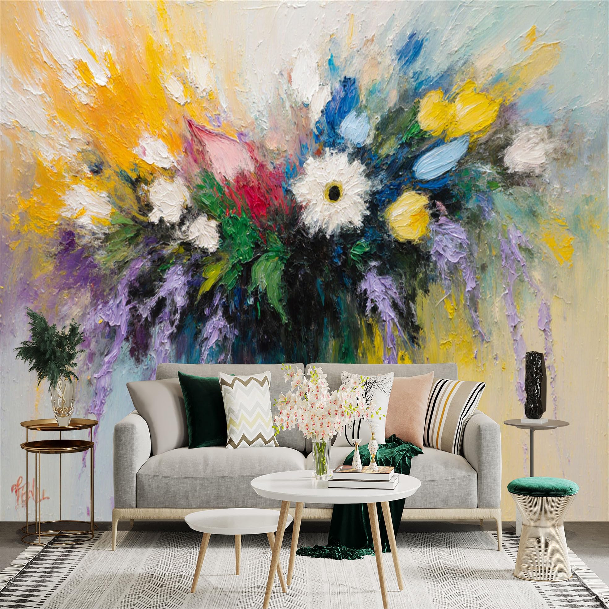 Custom Size Wall Sticker Mural， Abstract Colorful Floral Bouquet， Textured Oil Painting Style， Vibrant Spring Blossom Artwork， for wall Decoration， peelandstick wall Decals.