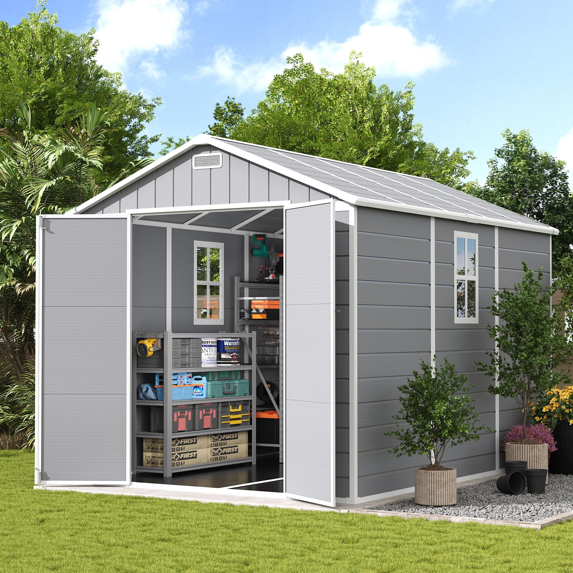 UDPATIO Storage Shed 8 x 10 FT, Resin Sheds & Plastic Outdoor Storage with Floor Large Clearance Outdoors Garden Tool Shed Tuff Outside Patio Shed with Lockable Door for Bike, Garbage Gray White