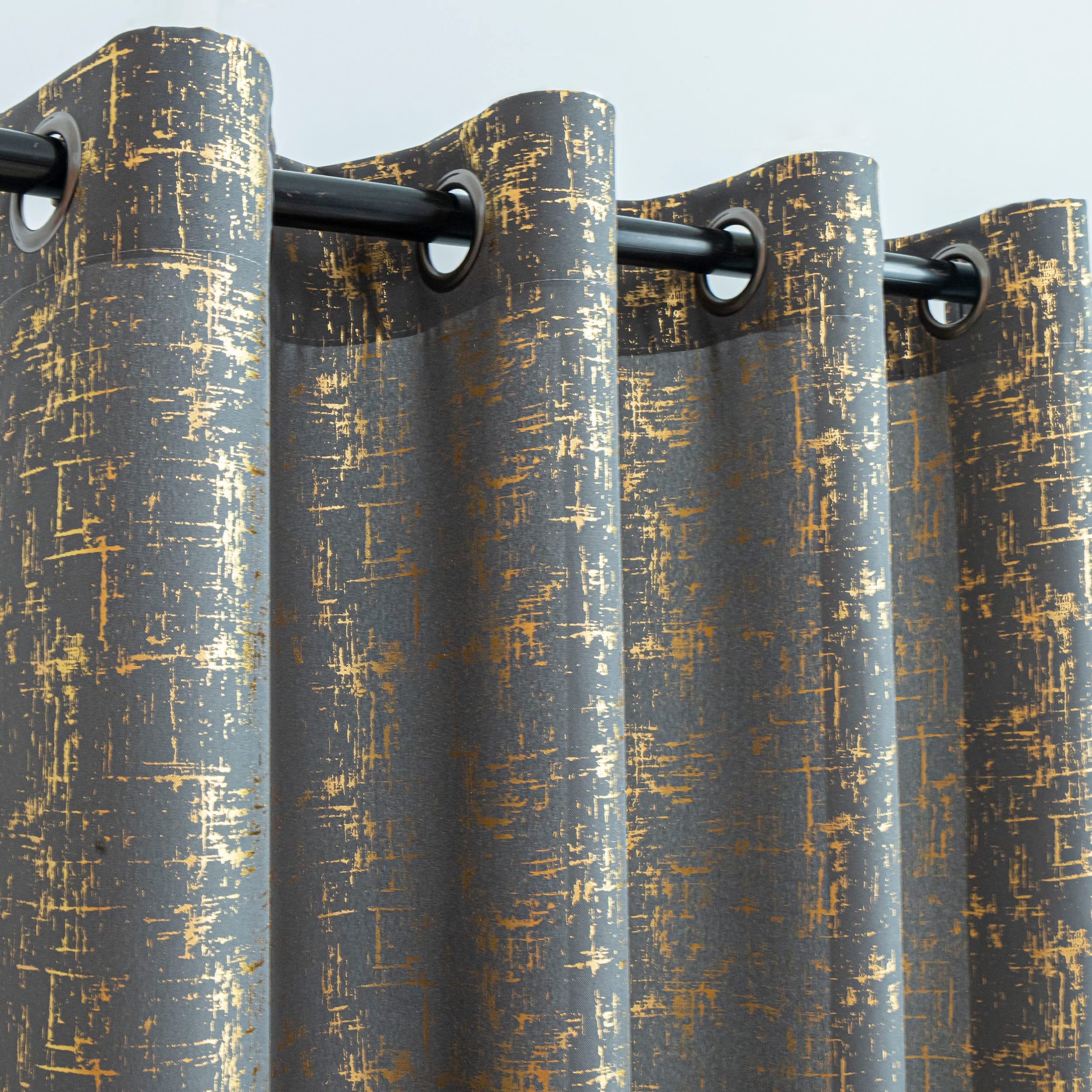 Taisier Home Gold Foil Print Linen Textured Curtains - Geometric Dots Pattern Design for Nursery, Toy Room - Thermal Insulated Window Treatment, 2 Panels, 63" L, Dark Grey and Gold