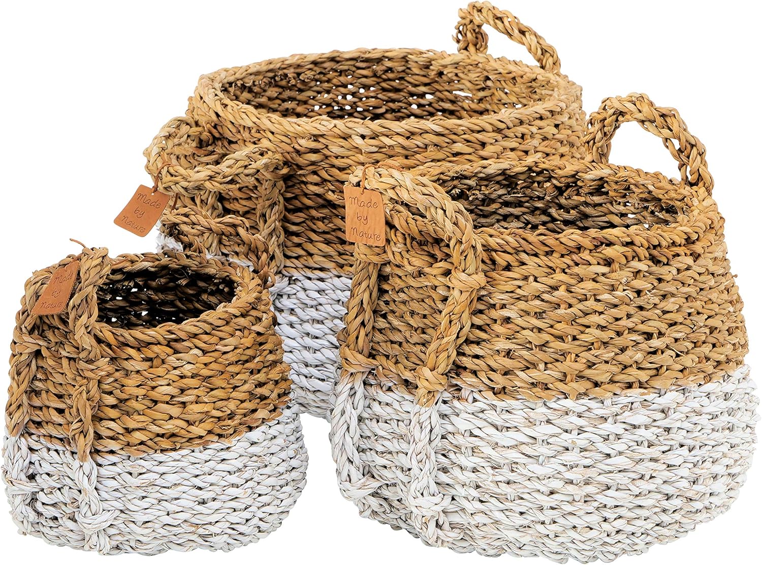 WHW Whole House Worlds Two-Toned Handwoven Belly Baskets, Set of 3, White Bottom Accents, Chunky Weave, Natural, 17.75, 15.75 and 13.75 Inches Tall