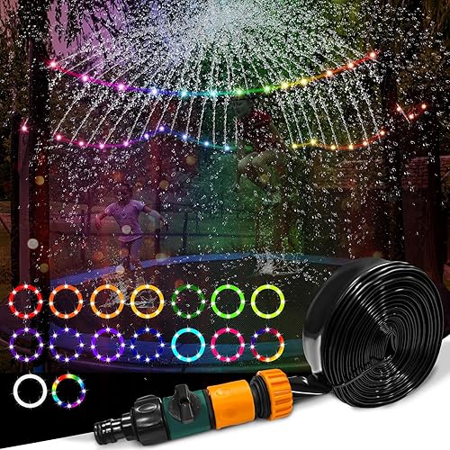 Juego de 2 camas elásticas para exteriores, luz LED de 12 pies para cama elástica y rociador de trampolín, parque acuático para patio trasero, 16