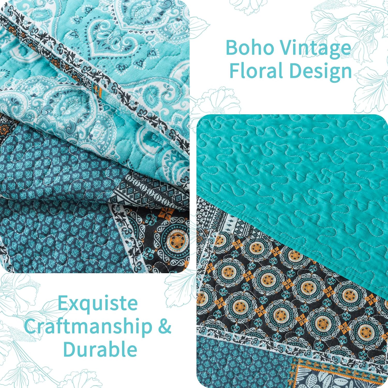 VAPUTAR Cotton Quilt Queen Size Bedding Set - 3 Pieces Queen Quilt Bedding Set, Boho Queen Size Quilts, Lightweight Reversible Coverlets Bedspreads for Farmhouse Bedroom (Teal/Green Chic) - Image 5