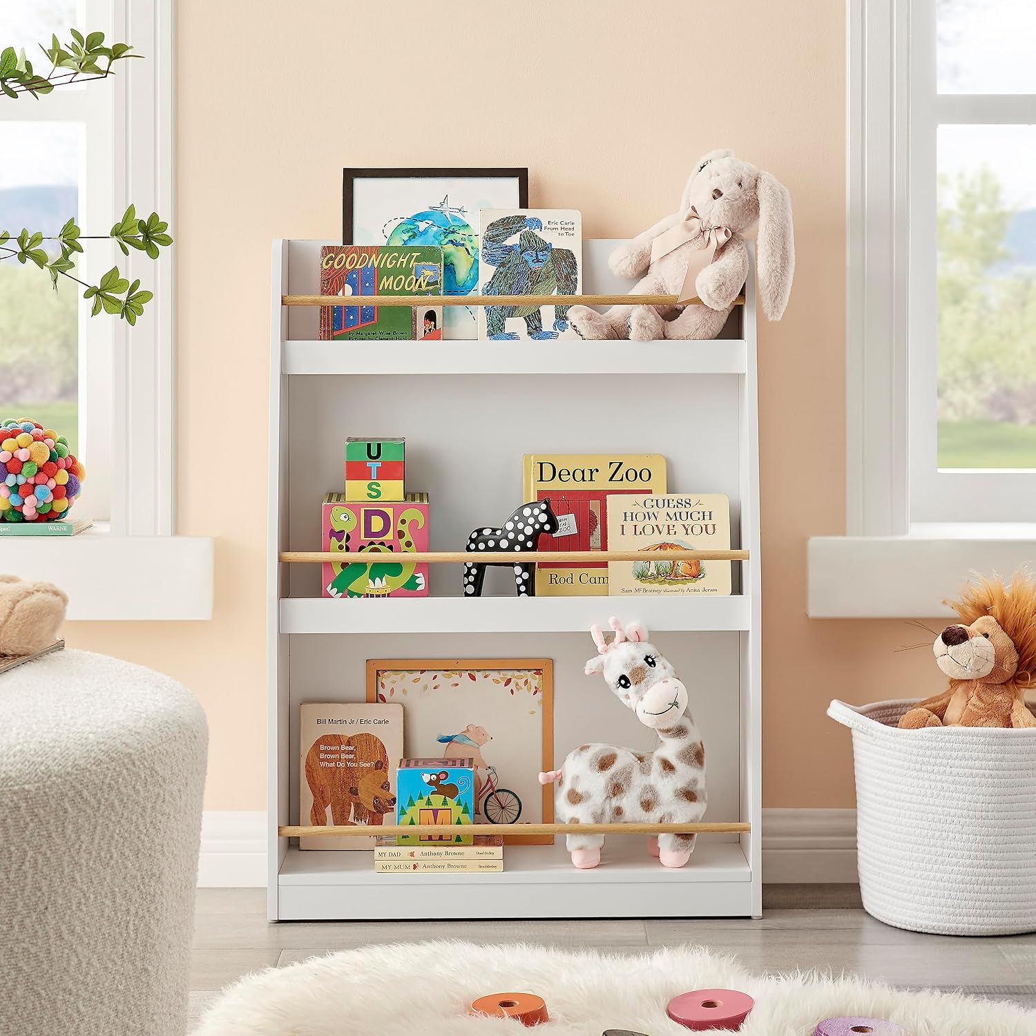 Danya B. Steiner White 3-Tier Kids Book or Magazine Storage Freestanding Bookcase with Contrasting Wood-Toned Rods
