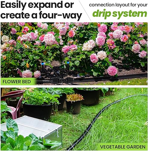 Miniatura 6 de Bonviee Tubo de riego de 1/2 pulgada con 4 paquetes de conectores de 6 vías, tubo de riego por goteo de 50 pies ideal para sistema de riego