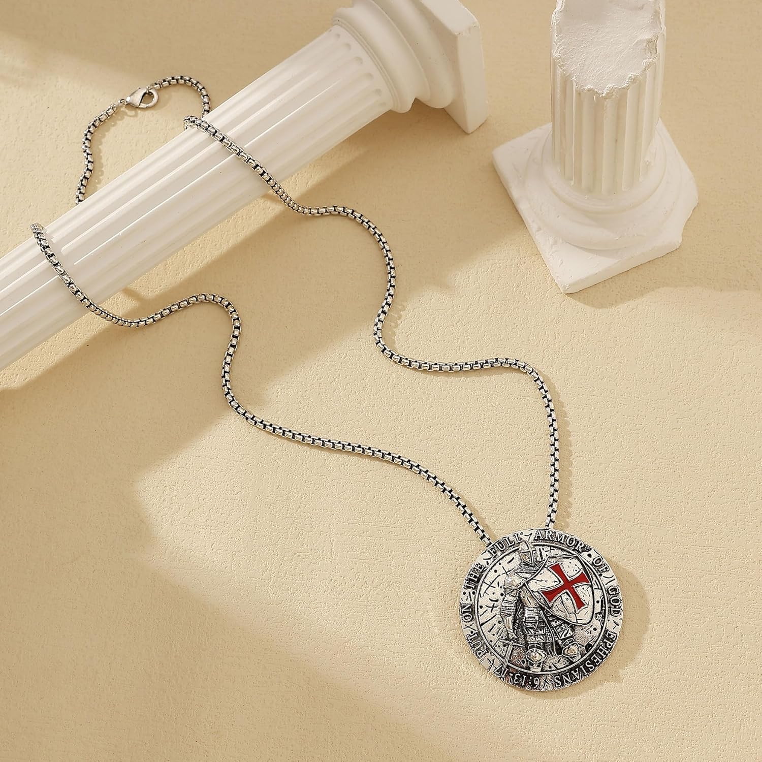 Yumikoo Bronzy Put on the Full Armor of God Ephesians 6:13-17 Templar Necklace with Red Cross Religious Jewelry Medieval Knights Shield Pendant - Image 6