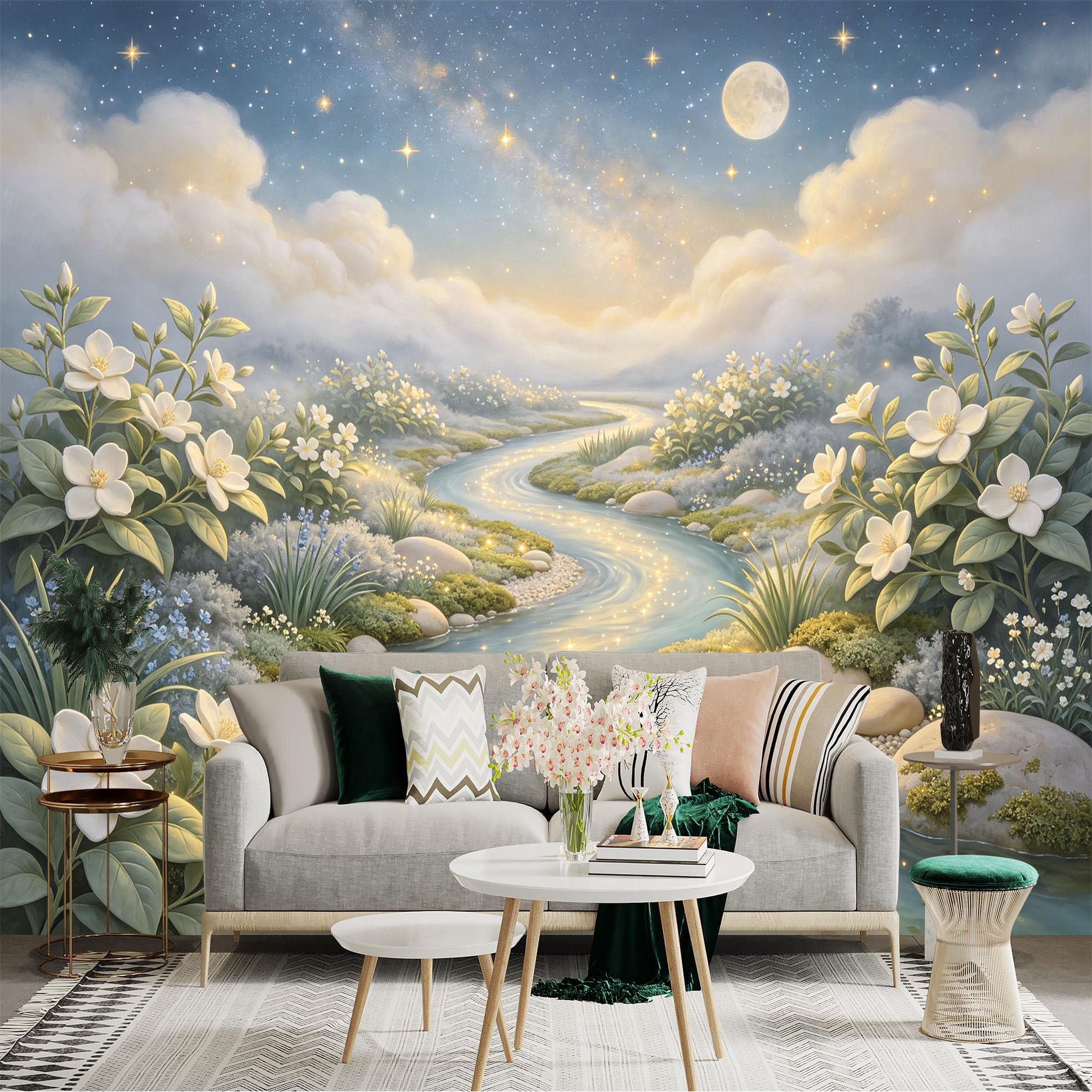 Lnzczhyre Bh260719533 Custom Size Wall Sticker Mural， Enchanting Moonlight River， Glowing White Floral Banks， Serene Dreamy Nature Scenery， For Wall Decoration， Peelandstick Wall Decals.