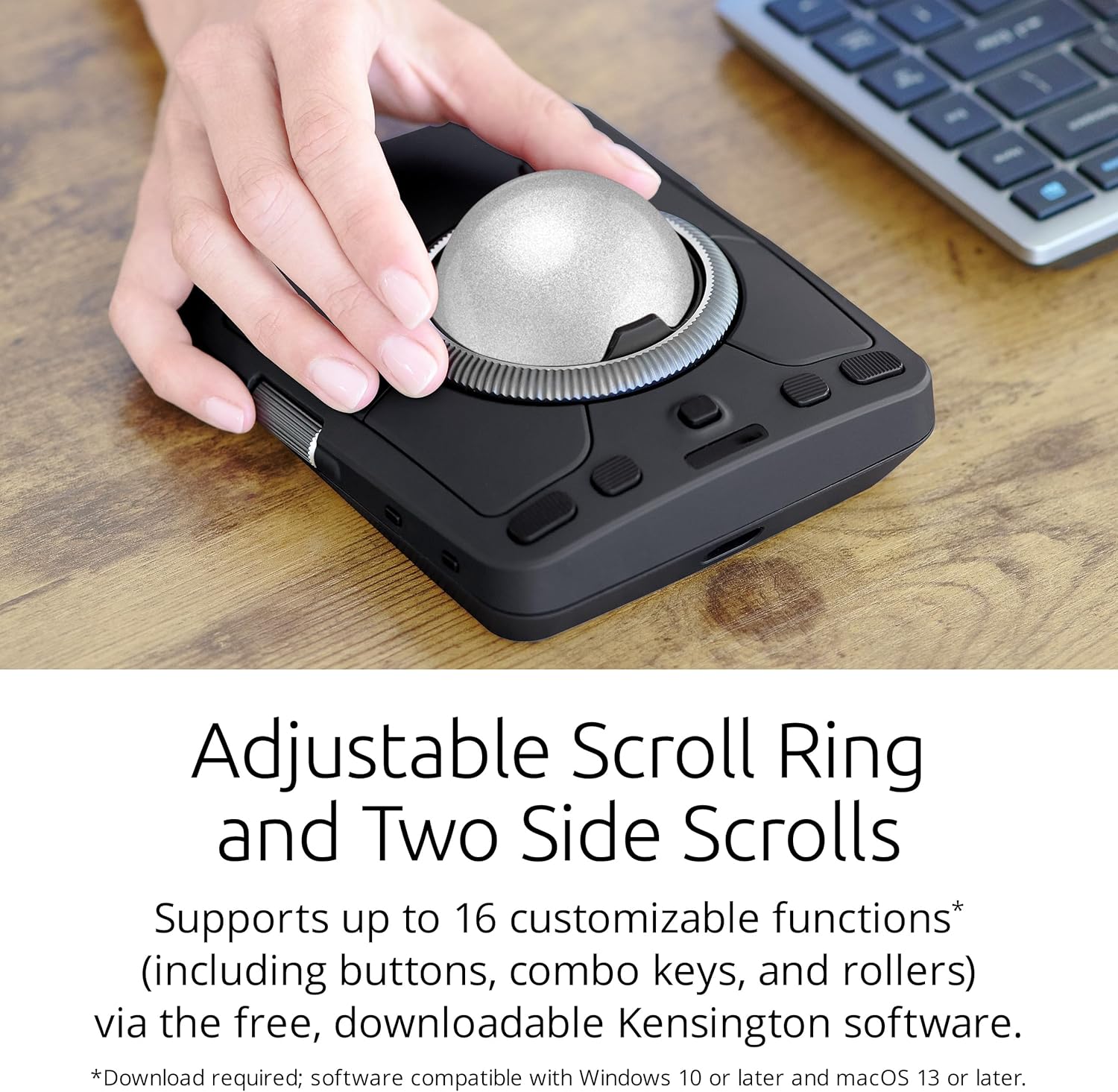 Image showing a hand using the adjustable scroll ring and side scrolls of the Kensington Expert Mouse TB800 EQ