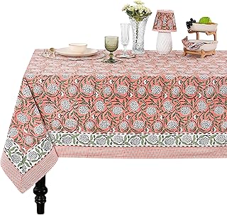 Ridhi Dark Salmon Pink Hand Block Print Rectangle Tablecloth 60x90 Inch