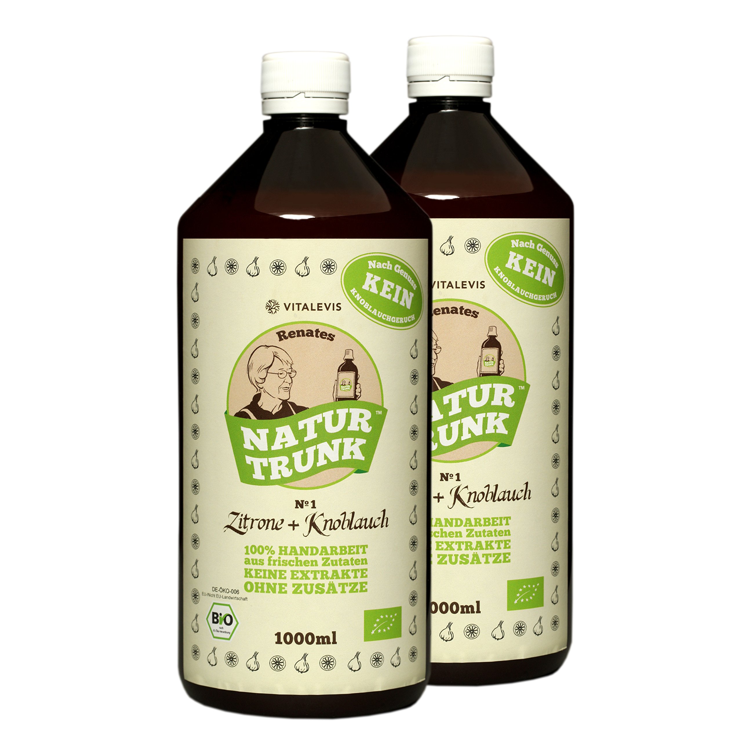 OHNE Konservierungsstoffe! Bio! Renates NaturTrunk Nr. 1 Zitrone + Knoblauch, 2 x 1000ml in PET-Flaschen, DE-ÖKO-006, handwerklich hergestellt in kleinen Stückzahlen mit von Hand geschältem Knoblauch.