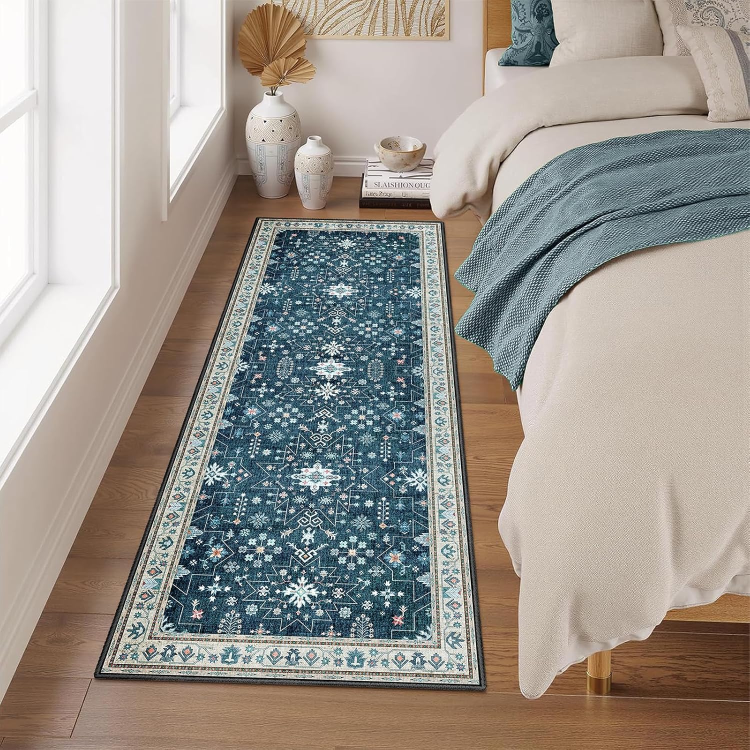 MUJOO Washable 2x6 Runner Rug for Kitchen Hallway Bedside Bathroom Laundry Room Bedroom Floor,Long Non Slip Throw Carpet Boho Indoor Mat Vintage Low Pile Blue