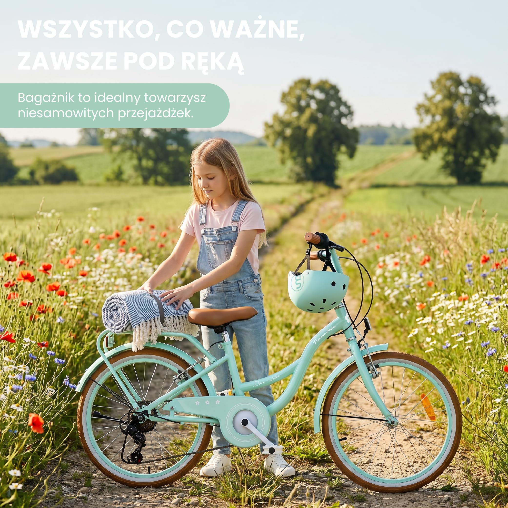 SUN BABY FLOWER BIKE RETRO Rower dziecięcy dla dziewczynki | Stalowa rama, hamulce V-Brake, błotniki, osłona łańcucha, odblaski, dzwonek i regulowana wysokość