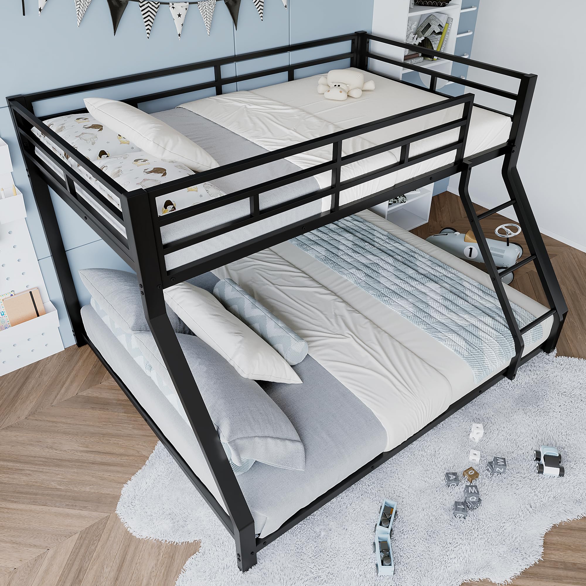 Litera doble para niños, barandilla, con escalera segura, sin colchón, diseño elegante, adecuado para cualquier decoración de habitación infantil, metal, 90 x 200 cm, 140 x 200 cm (negro)