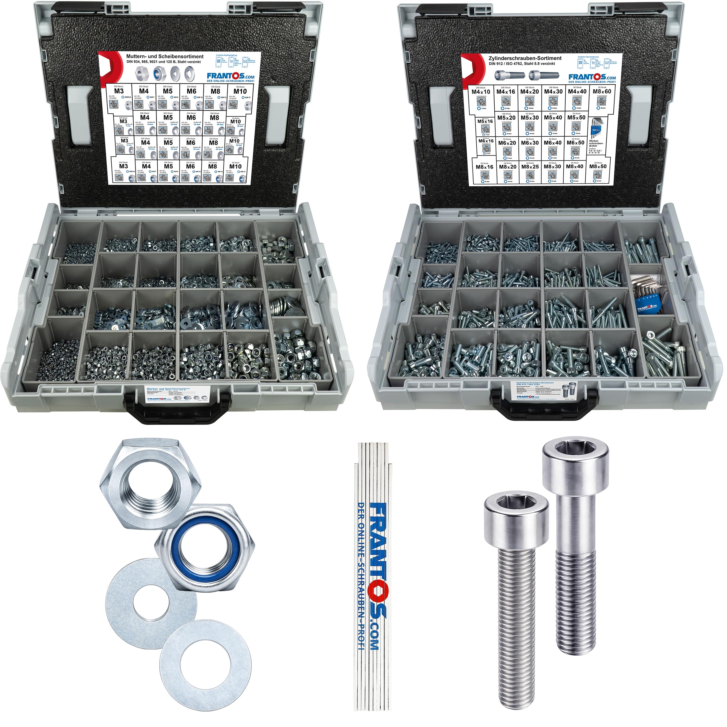 FRANTOS Assortiment Vis et Écrou Acier Zingué (8090 Pièces)- Vis Cylindriques DIN912 (M4-M8), Écrou DIN 934/985, Rondelles DIN 125/9021, 2 x Coffret Visserie L-BOXX Empilable + Clés Allen & Mètre