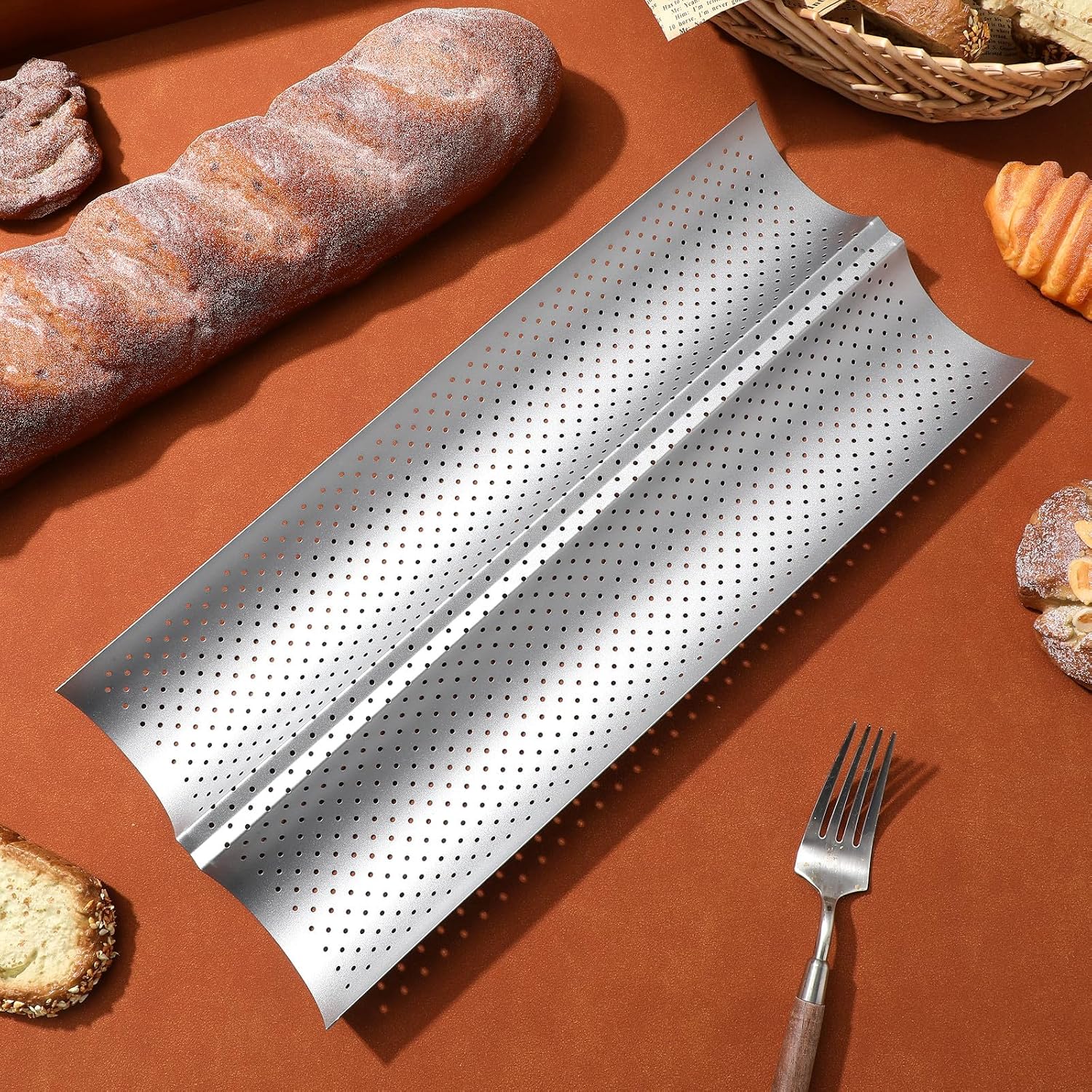Gadpiparty Wave Bread Stick Baking Mould 2-slot Silver Small Artisan Loaf Pan Kitchen Bakeware for Bread Baking
