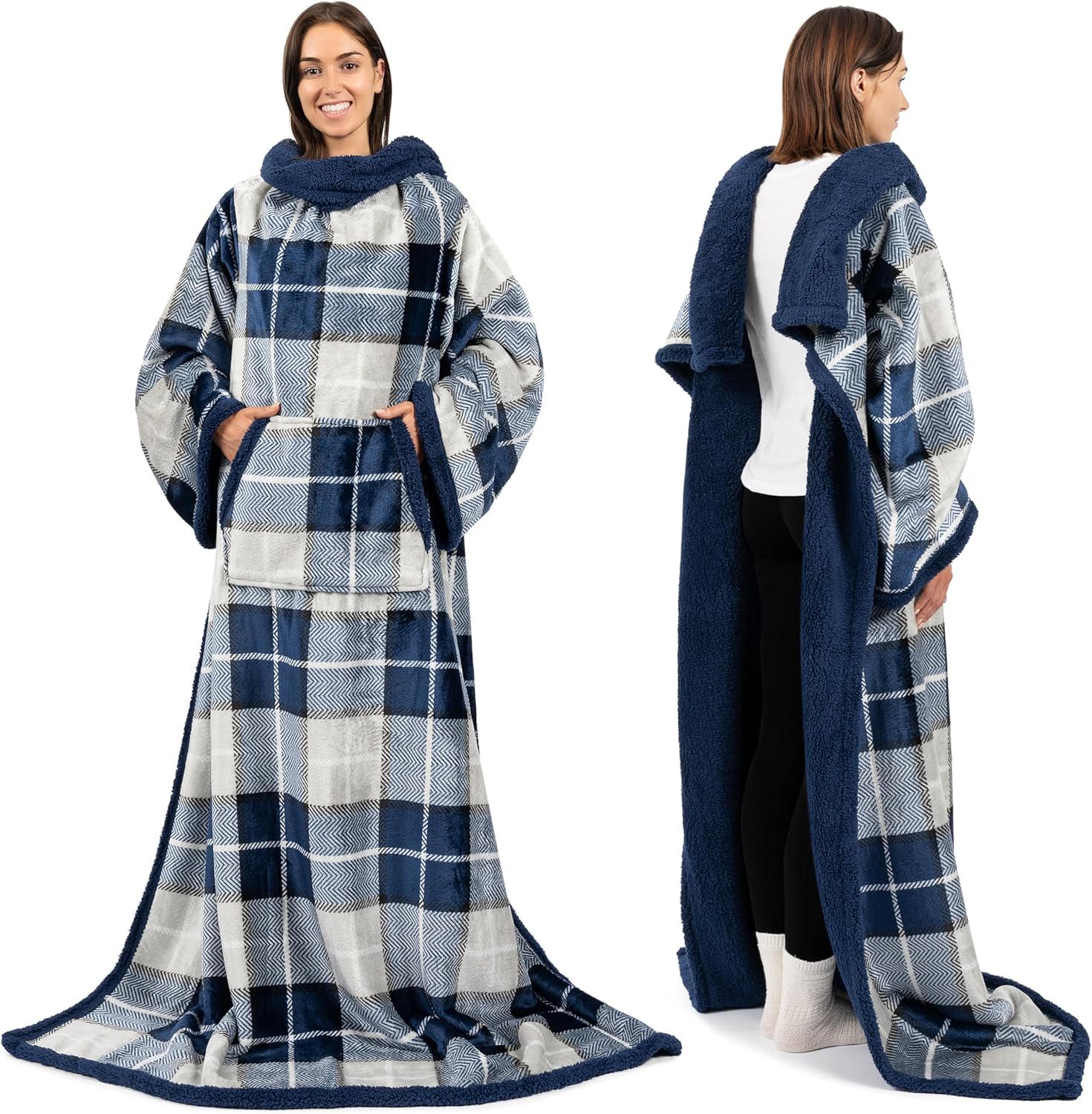 PAVILIA Sherpa Wearable Blanket with Sleeves and Pocket, Plush Thick Cozy Body Blanket Wrap for Adult Women Men, Christmas Gift for Wife Mom, Plaid Navy Blue - Image 2
