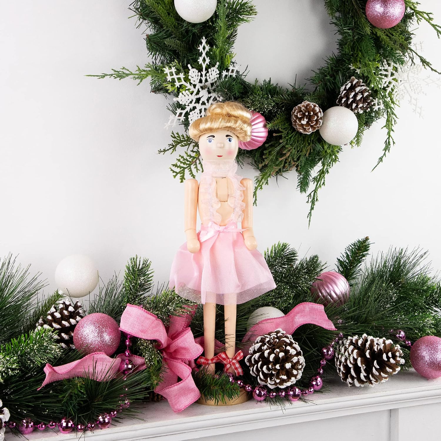 15.5" Decorative Wooden Christmas Nutcracker Blonde Ballerina in Pink Tutu