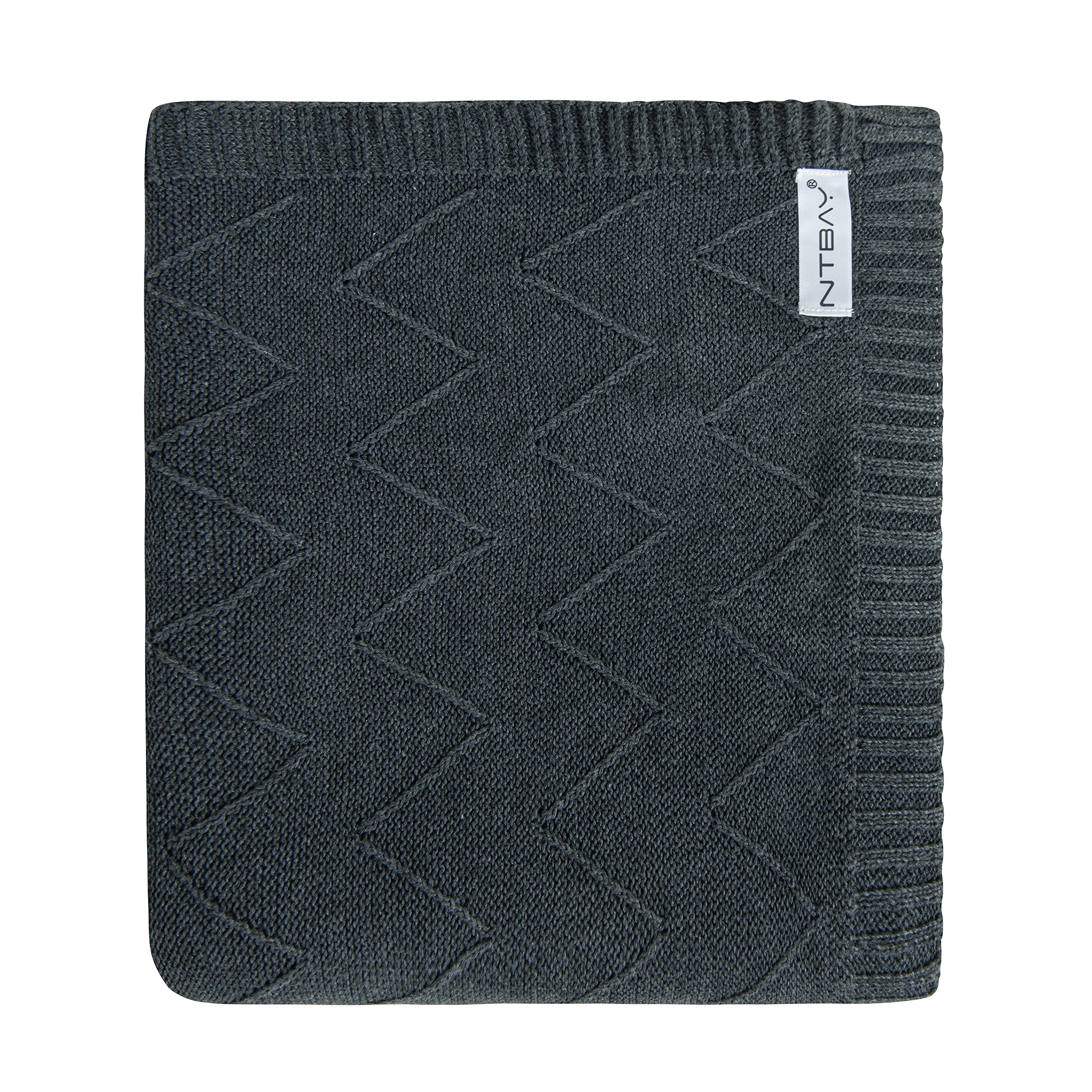 NTBAY Rayon Cotton Cable Knitted Throw Blanket, Breathable and Silky Soft Chevron Textured RPET Decorative Blanket for Couch, Sofa, Bed, 51x67 Inches, Dark Grey