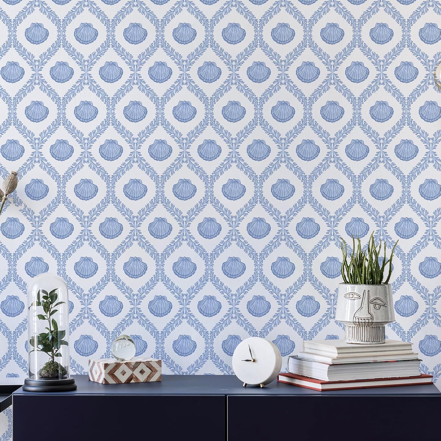 Coastal Seashell Wallpaper Peel and Stick Blue Coral Damask Ogee Wallpaper for Bedroom Nursery Cute Marine Clam DIY Contact Paper for Kitchen Cabinet Shelf Removable Wall Paper 17.7"x157"