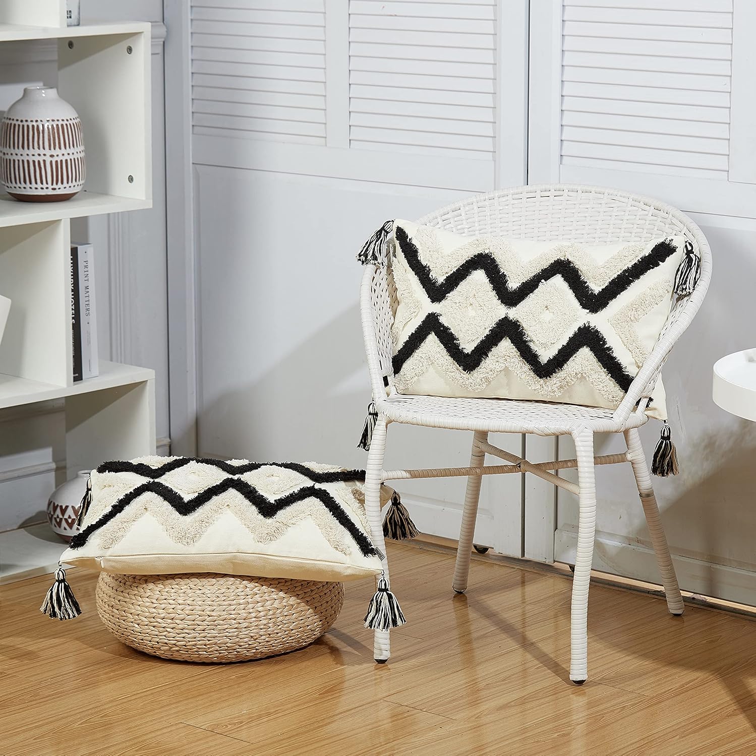 Drimhulsse Woven Tufted Cushion Covers Decorative Pillow Case Geometric Chevron Element Pillowcase with Tassels Tribal Boho Lumbar Throw Pillow Cover for Sofa 12x20 Inch,Taupe+Black,2 PCS
