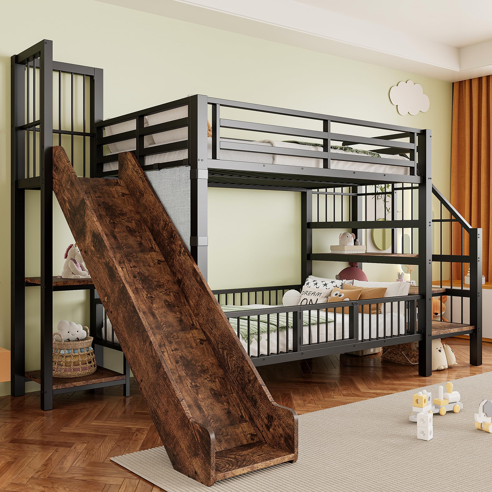 Merax Metall-Etagenbett 90×200 cm, mit Rutsche, Stauraumtreppe, Schutzgitter, integrierten Regalen, platzsparendes Kinderbett, Etagenbett für Jungen & Mädchen, Schwarz (ohne Matratze)