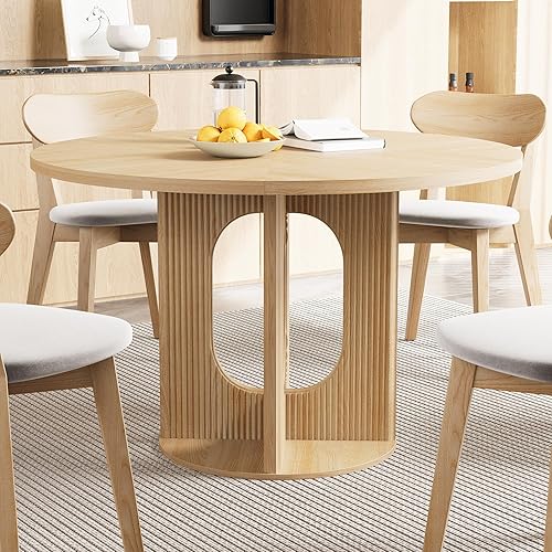 Miniatura 6 de Mesa de comedor redonda campestre con nervaduras para 4, mesa de cocina circular de 47 pulgadas con base de pedestal de madera, mesas de cena para