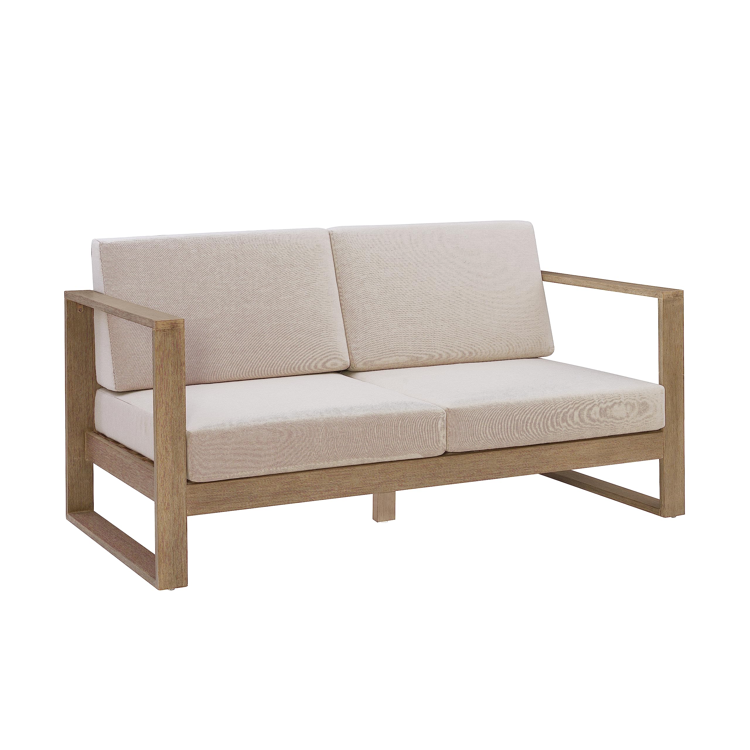 Linon Two Seater Silas Eucalyptus Outdoor Sofa with Removable Weather Resistant Cushions, Natural & Beige