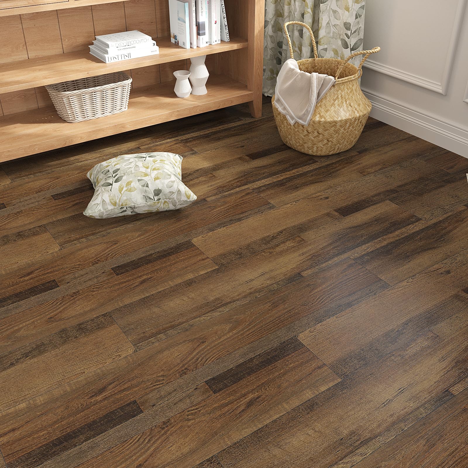 VEELIKE Azulejos de vinilo de roble autoadhesivo impermeable de color marrón quemado, paquete de 16 unidades de 24 pies cuadrados, suelo de vinilo laminado de madera para cocina, baño, dormitorio