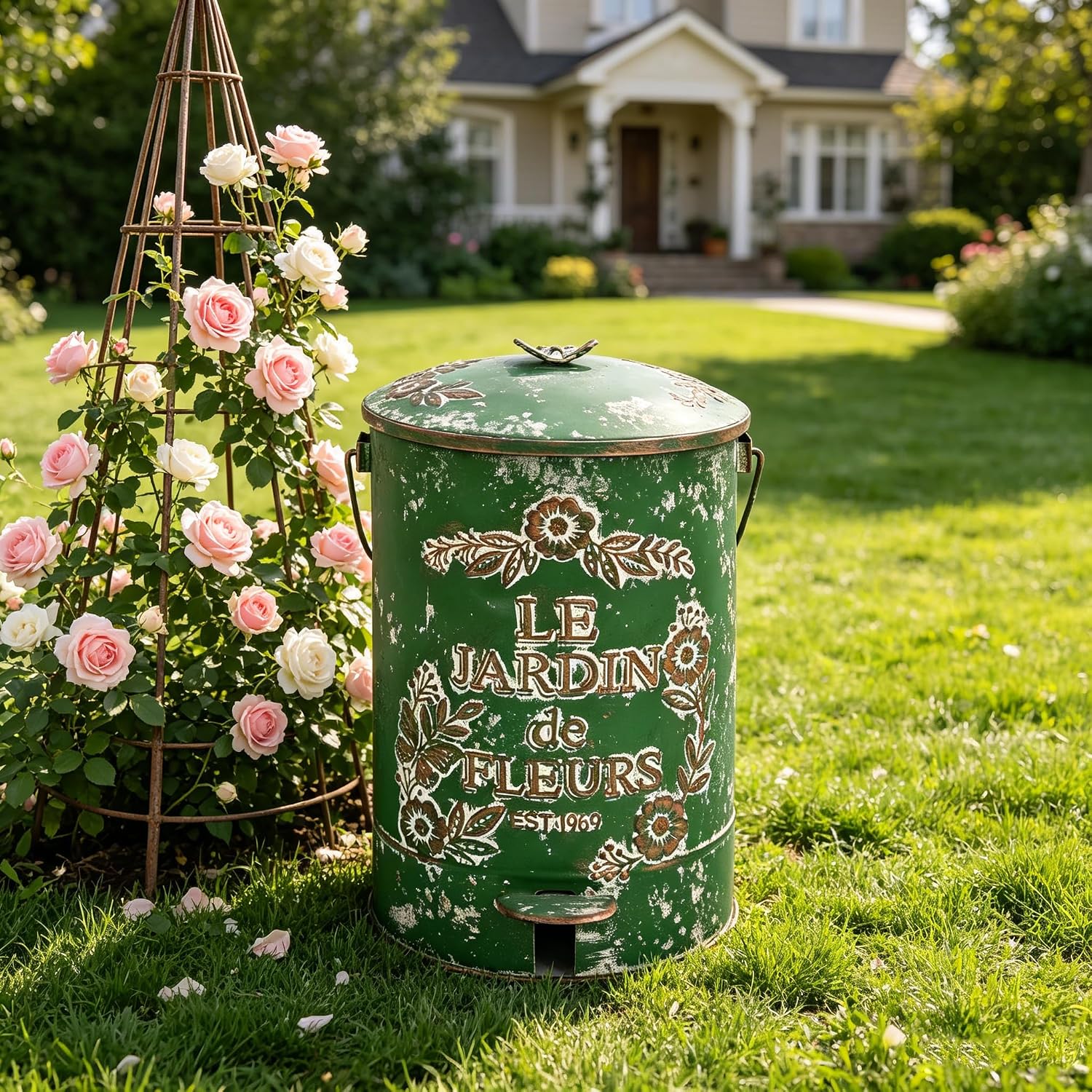 Rustic Metal Trash Can with Lid and Pedal Farmhouse Step-On Garbage Can Vintage Distressed Design Recycling Waste Bin with Removable Inner Bucket & Wooden Handle for Home Yard Kitchen Bathroom 8 Liter