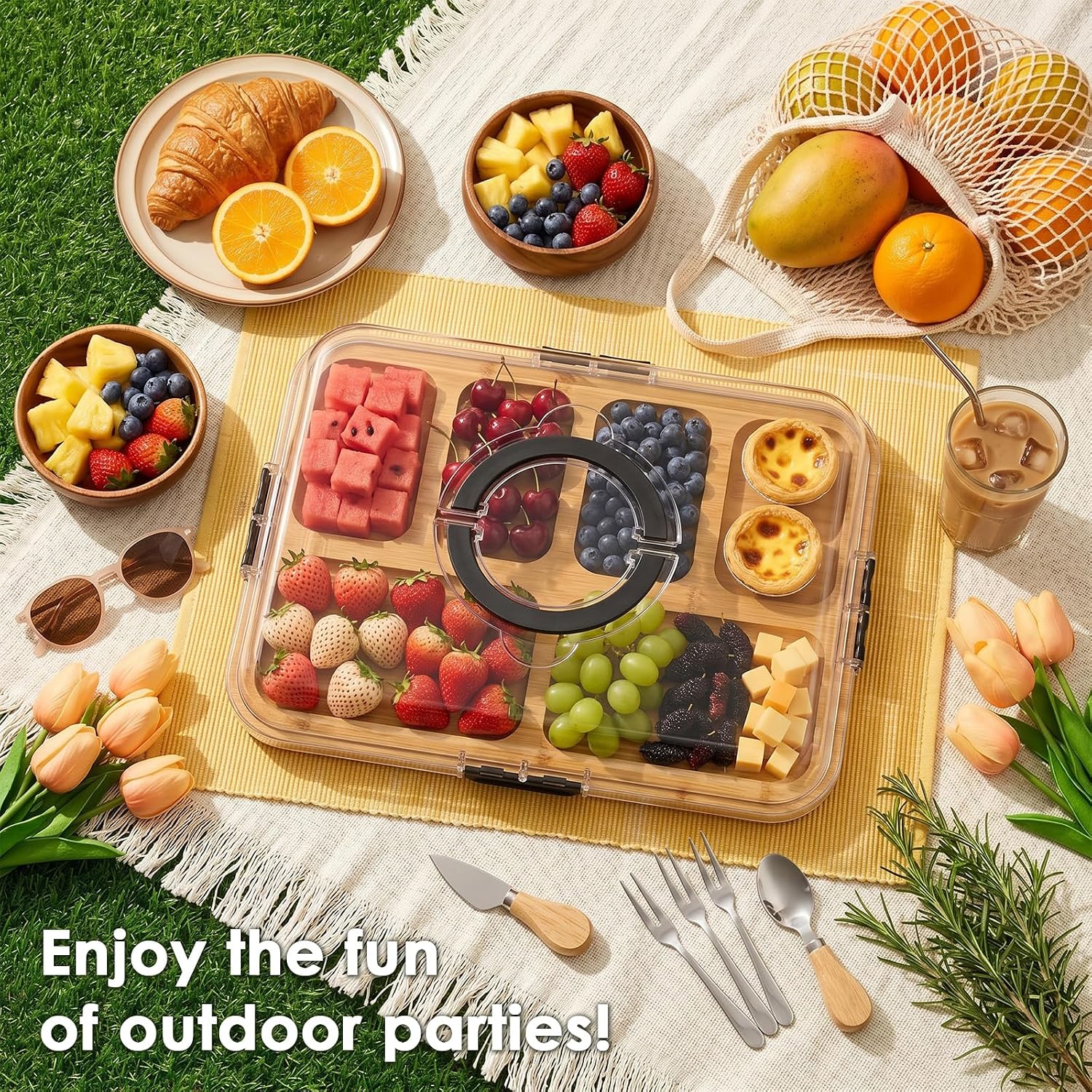 Charcuterie Board with Lid, 6-Compartment Bamboo Divided Snack Tray | 14.6x11.4 inch Portable Serving Platter with Handle- Rectangular Fruit Cheese Board for Home Garden Parties