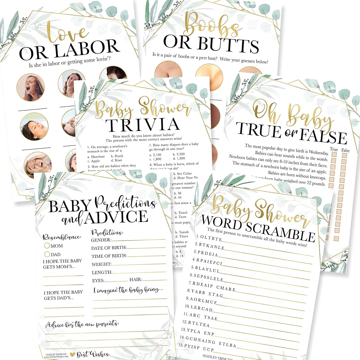 Hadley Designs 50 Greenery Baby Prediction and Advice Cards, Trivia Games, etc, 25