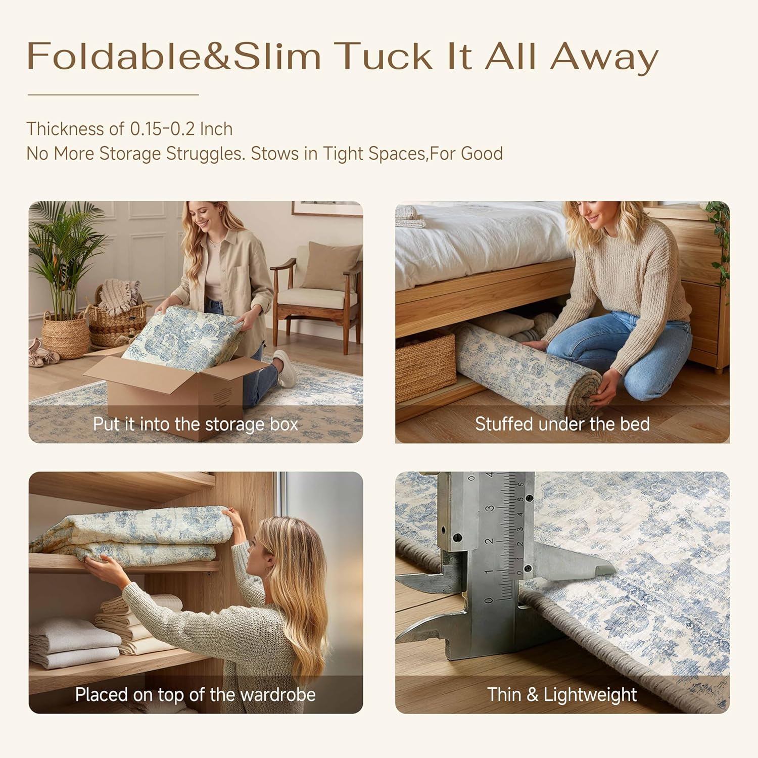 2x6 Washable Neutral Runner Rug Blue Vintage Hallway Kitchen Carpet Non-Slip Soft Low Pile Floral Throw Rug for Bedroom Bathroom Laundry Living Room