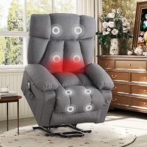 Power Lift Recliner Chair with Vibration Massage & Heat for Elderly, Upholstered Breathable Fabric Lounge Chair with Side Pockets and USB Port - Grey