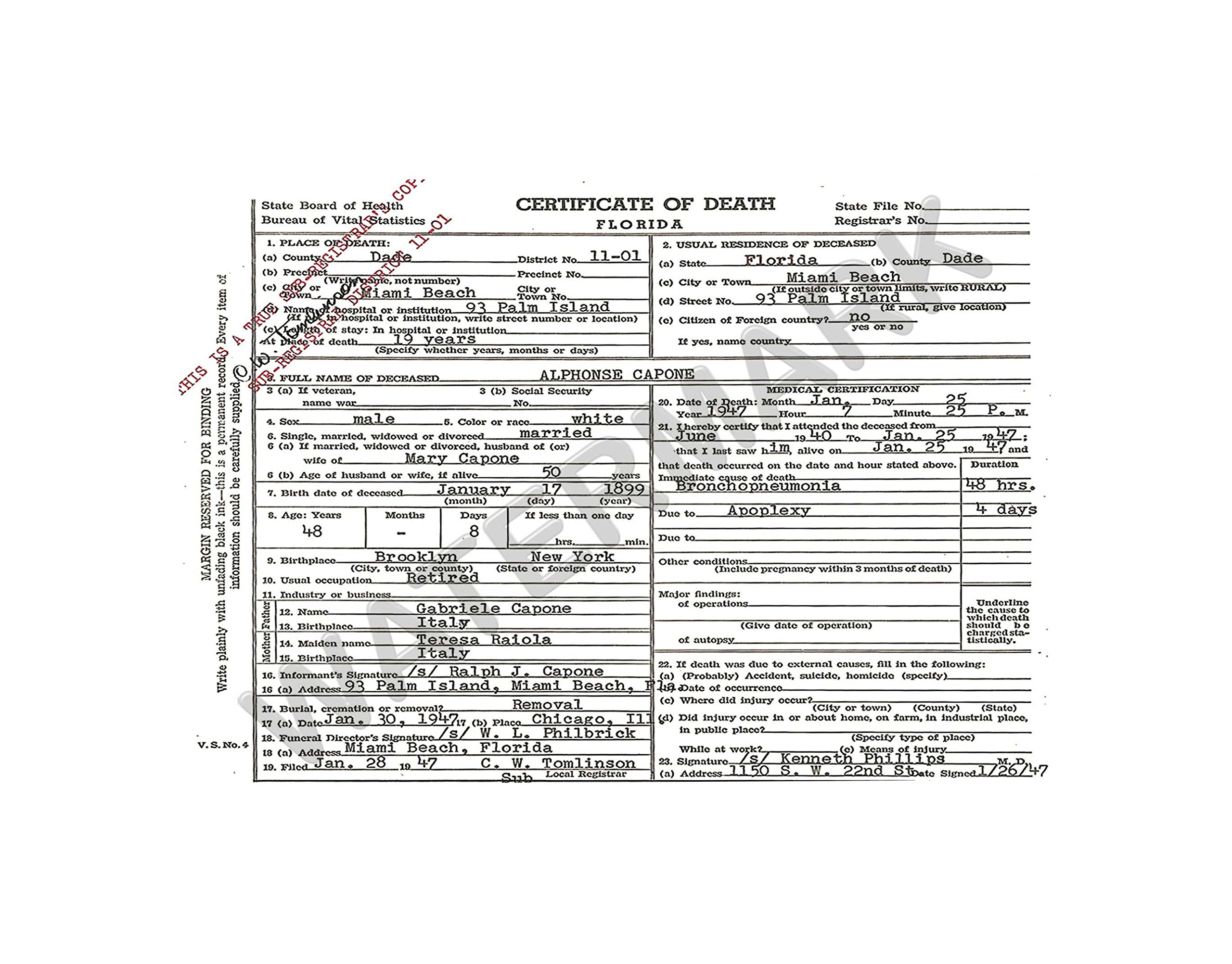 Wee Blue Coo Al Capone Death Certificate Gangster Mafia Wall Art Print