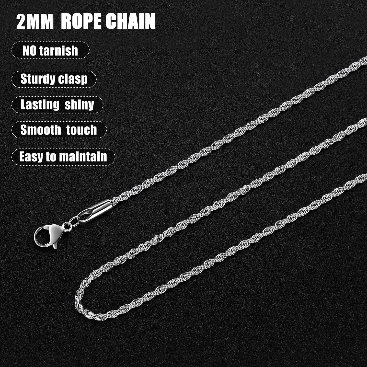 Fiusem 3mm Rope Chain Necklace for Men, Silver Tone Mens Chain Necklace, Stainless Steel Necklace Chain for Men Women, Jewelry Gift - Image 5