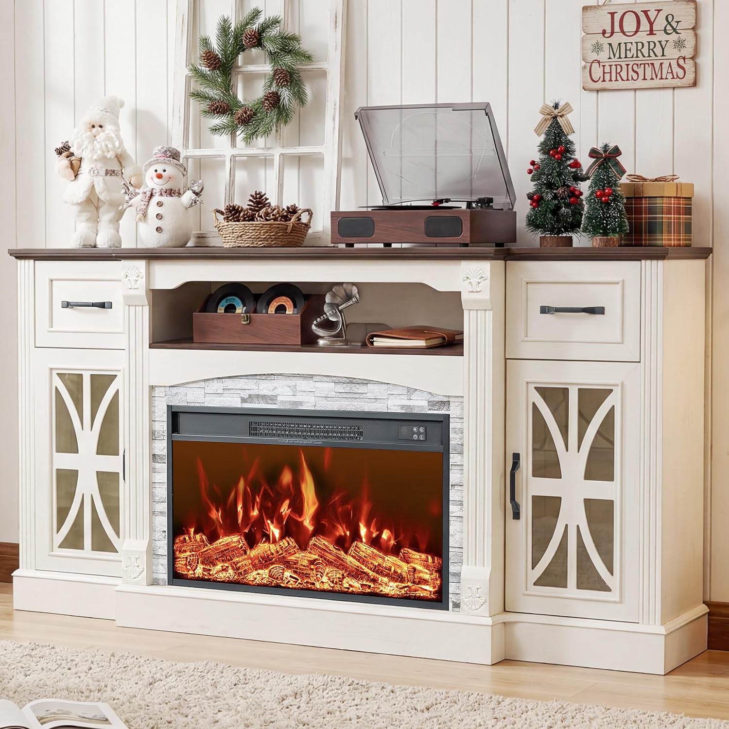 70" Fireplace TV Stand with 30" Electric Fireplace,Farmhouse Entertainment Center for TVs up to 80", Media Console with Storage Drawer & Built-in Power Strip, 4800 BTU Heating for Livingroom Bedroom