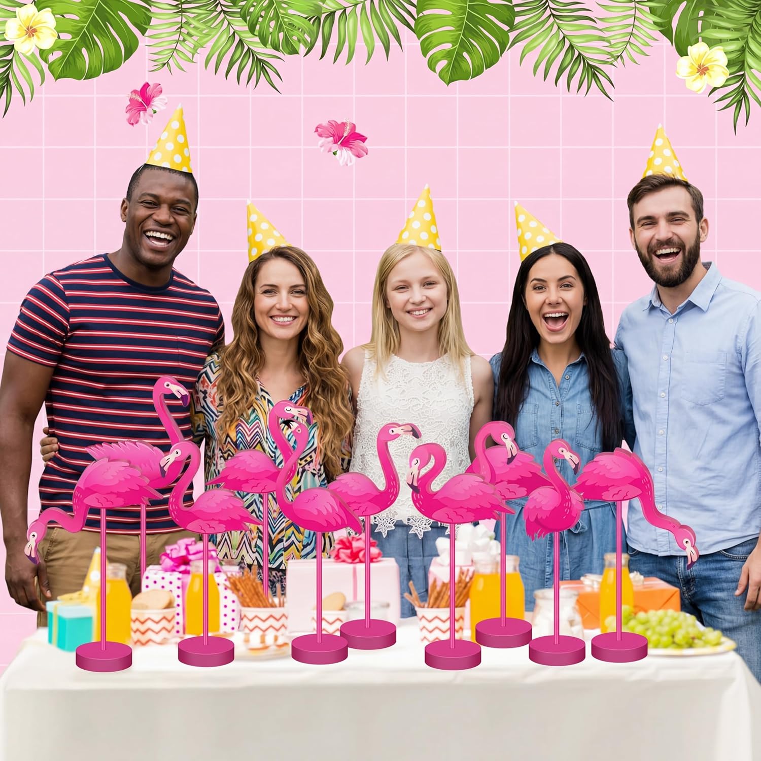 Geelin 20 Pcs Flamingo Table Decor Summer Pink Flamingo Party Decoration Table Sign Centerpiece Hawaiian Tropical Wood Tall Standing Block Bird Topper Sign for Office Desk Home Tier Tray Holiday Party