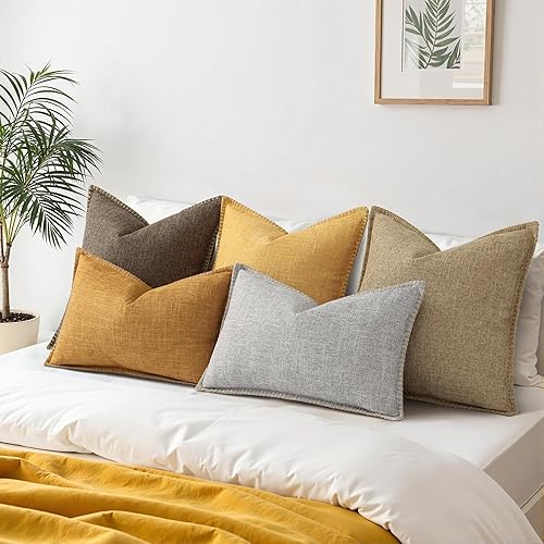 Miniatura 7 de decorUhome Juego de 2 fundas de almohada decorativas de otoño para exteriores de 26 x 26 pulgadas, fundas cuadradas de lino con borde cosido, fundas