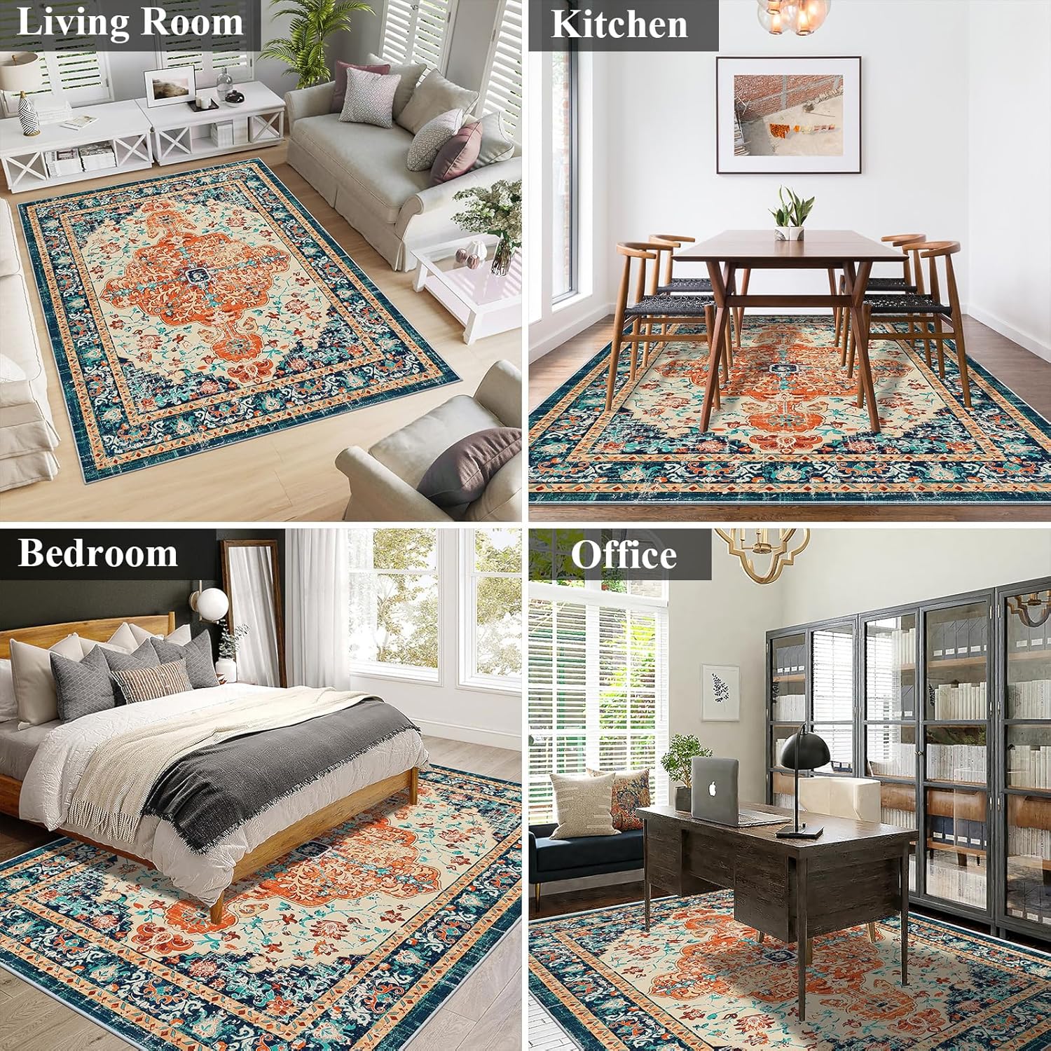 U'Artlines Boho Vintage Area Rug 5x7 Machine Washable Low Pile Soft Floor Carpet Non Slip Non Shedding Accent Rug for Living Room Bedroom Entryway Dining Room Office Orange/Multi - Image 5