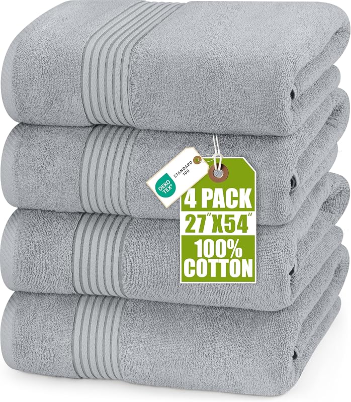 Juego de toallas de baño de lujo, 27 x 54 pulgadas, paquete de 4, suave, gris frío | Toallas de baño suaves y lujosas de algodón hilado en anillos: ligeras, muy absorbentes, de secado rápido, ideales para uso diario