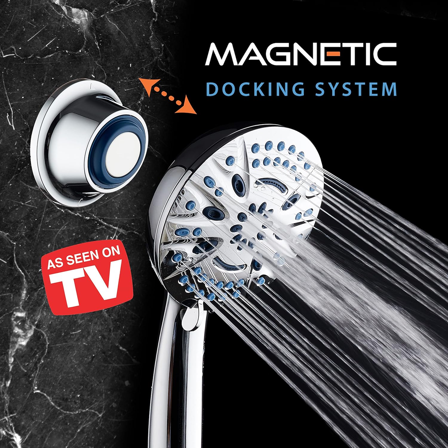 Close-up image of the magnetic docking system, showing the shower head approaching the wall-mounted magnetic bracket.