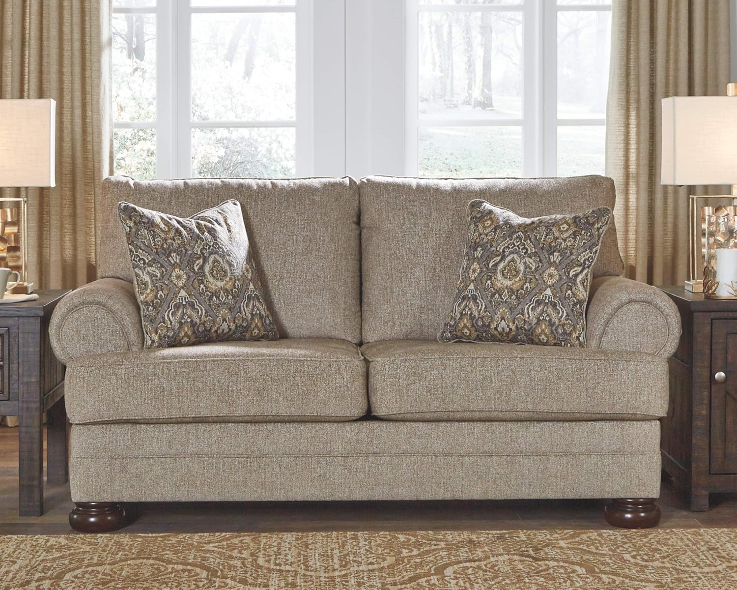 Oatmeal Brown Microfiber Loveseat with Rolled Arms