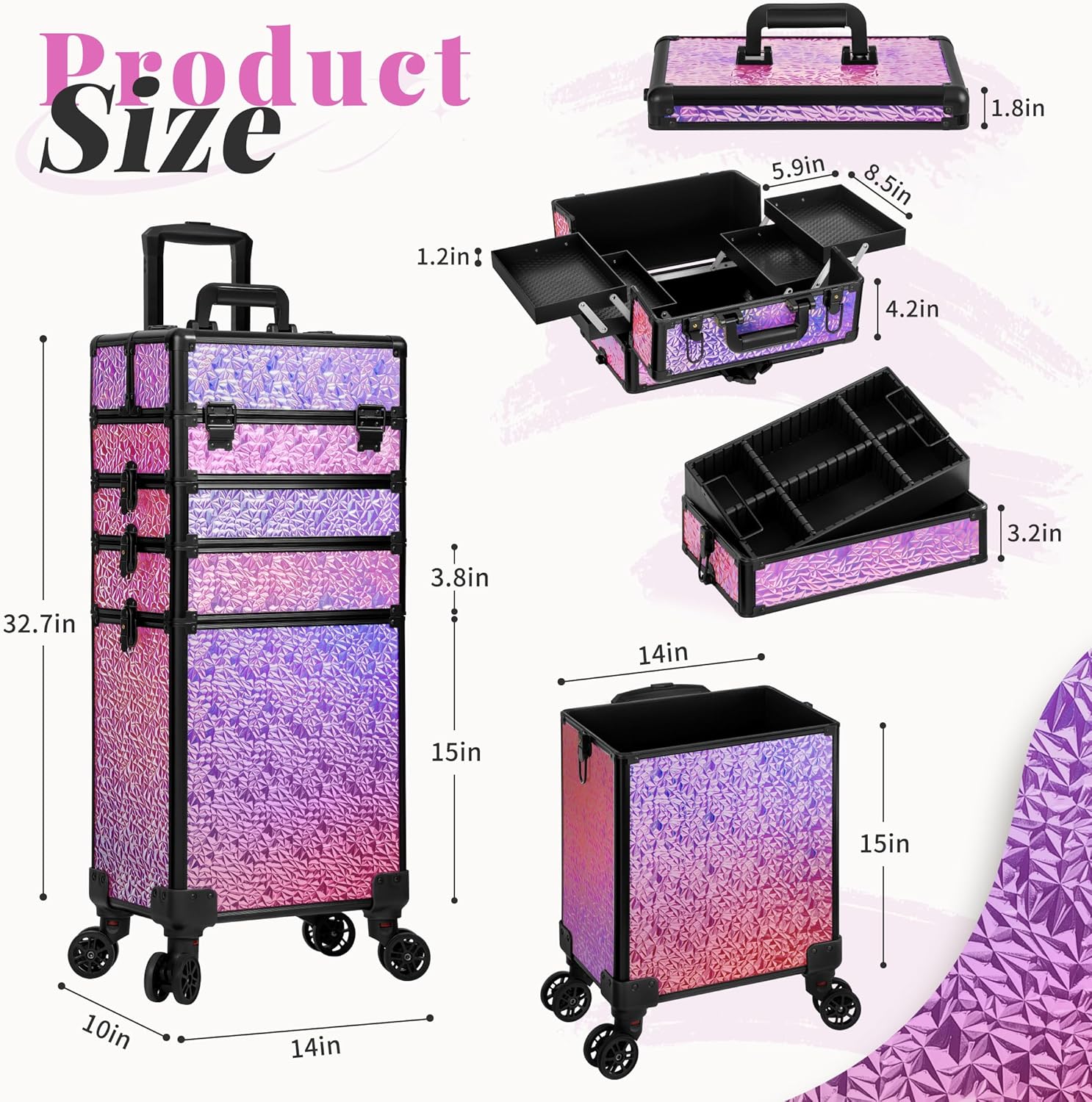 Profesional Rolling Makeup Train Case with Lid, 5 in 1 Cosmetology Case on Wheels, Large Cosmetic Trolley Organizer Travel for Hairstylist Artist Nail Beauty Salon Barber, Gravel Pink - Image 3