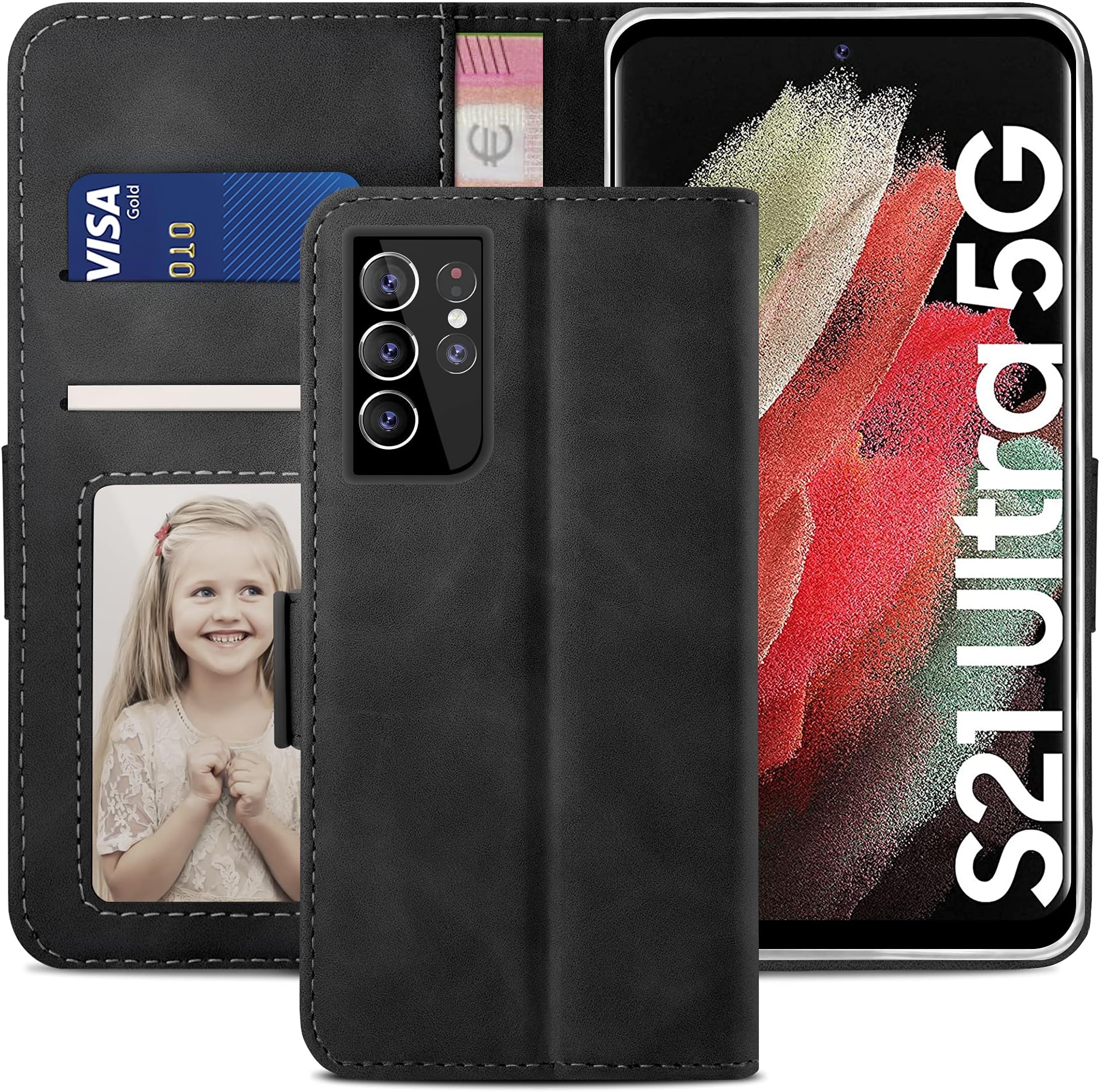 YATWIN Compatible with Samsung Galaxy S21 Ultra Case, Flip Wallet Leather Case with Card Slot and Shockproof Function Kickstand Phone Cases Cover for Samsung S21 Ultra - Black