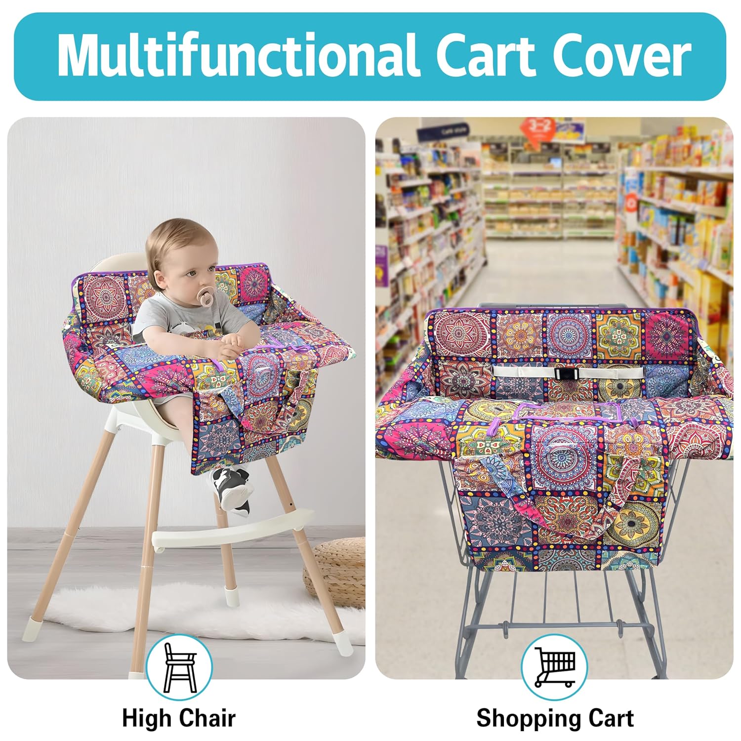 Shopping Cart Cover for Baby,2-in-1 Baby Cart Covers with Portable Cloth Bag Cart Seat Pad for Babies Grocery Cushion Cover Restaurant,Suitable for All Supermarkets and Restaurants