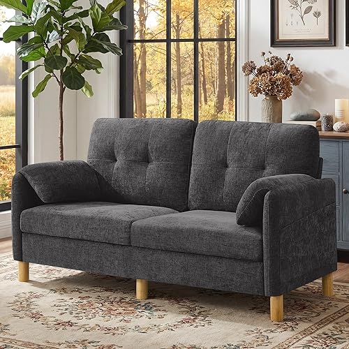 65" Chenille Loveseat Sofa, Modern 2 Seater Couch with Armrests, Tufted Upholstered Comfy Sofa with Storage Pockets & Solid Wooden Legs for Living Room, Bedroom, Home Office, Dark Grey