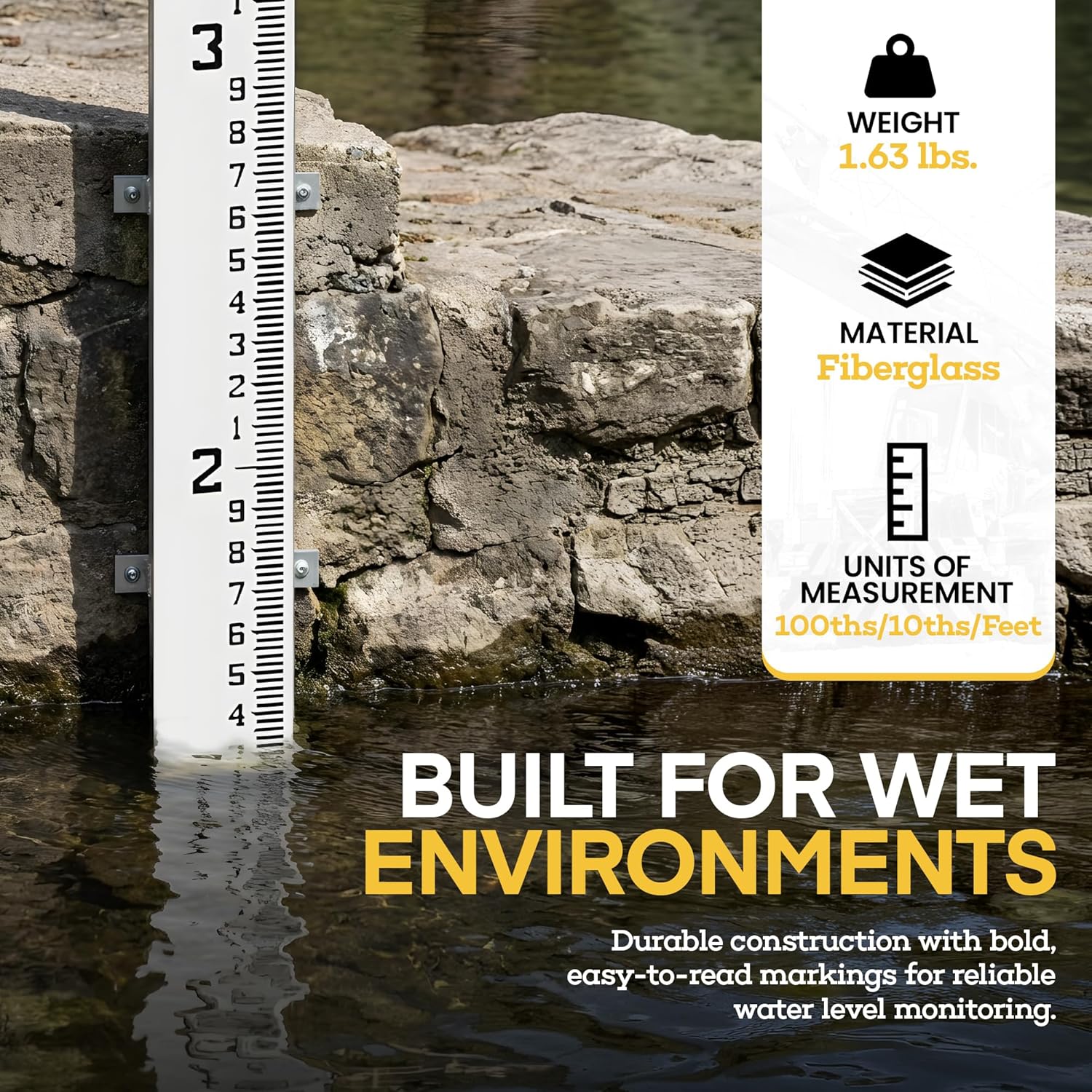 AdirPro 4" Wide Stream Gauge - Heavy Duty Fiberglass Depth Gauge - All Weather - 8-12' Range (100ths/10ths/feet)