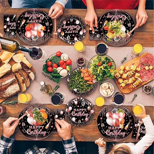 Miniatura 7 de 96 piezas de platos y servilletas de oro rosa para fiesta de cumpleaños para mujeres, suministros de fiesta de papel rosa con purpurina, feliz