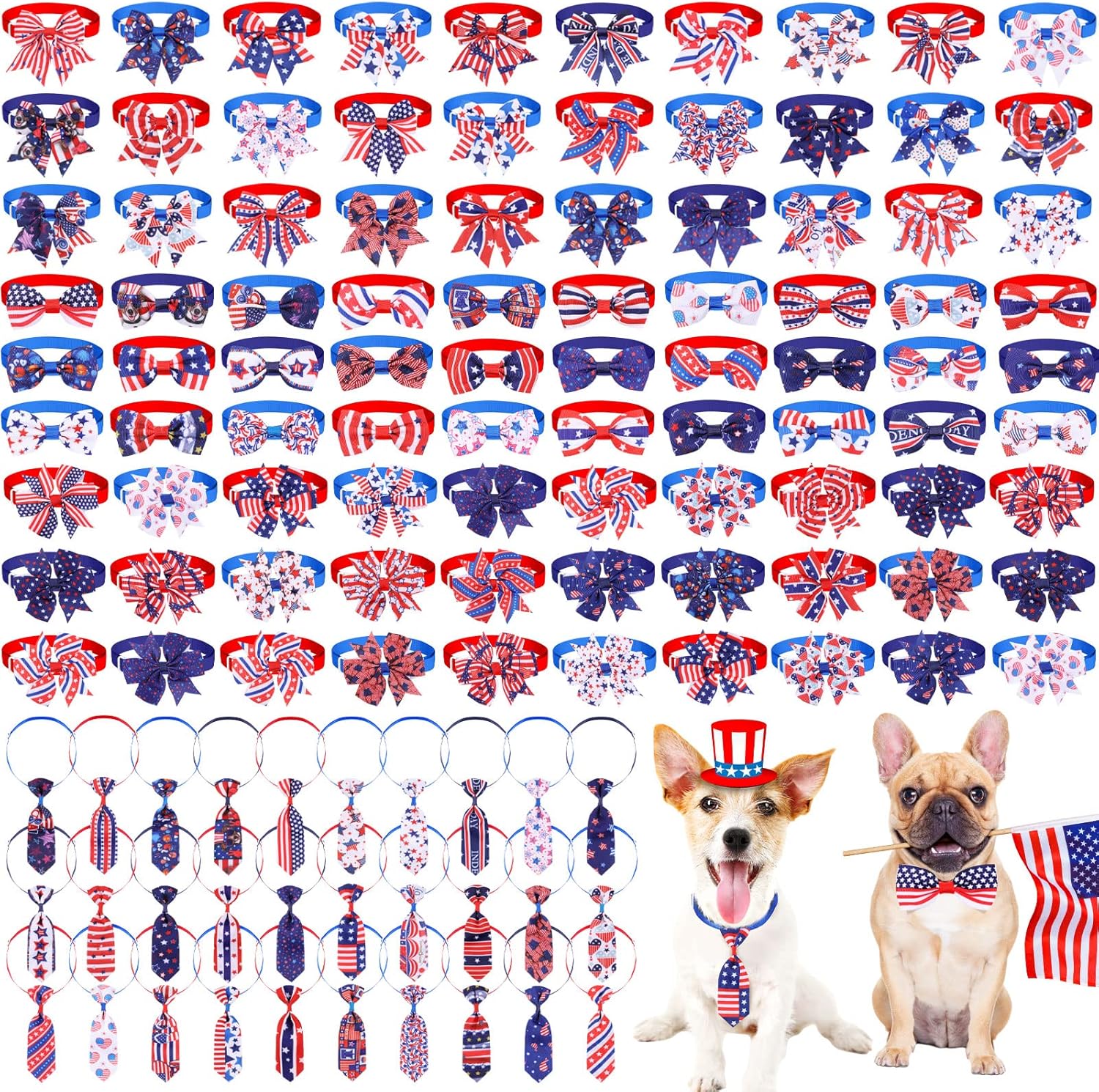 120 Pcs 4th of July Dog Bow Tie Collar Set Includes 60 Independence Day Bow Ties for Dogs Dog Grooming Bowtie 30 Dog Neckties 30 Large Bow Tie Collar Pet Holiday Accessories for Dog Cat