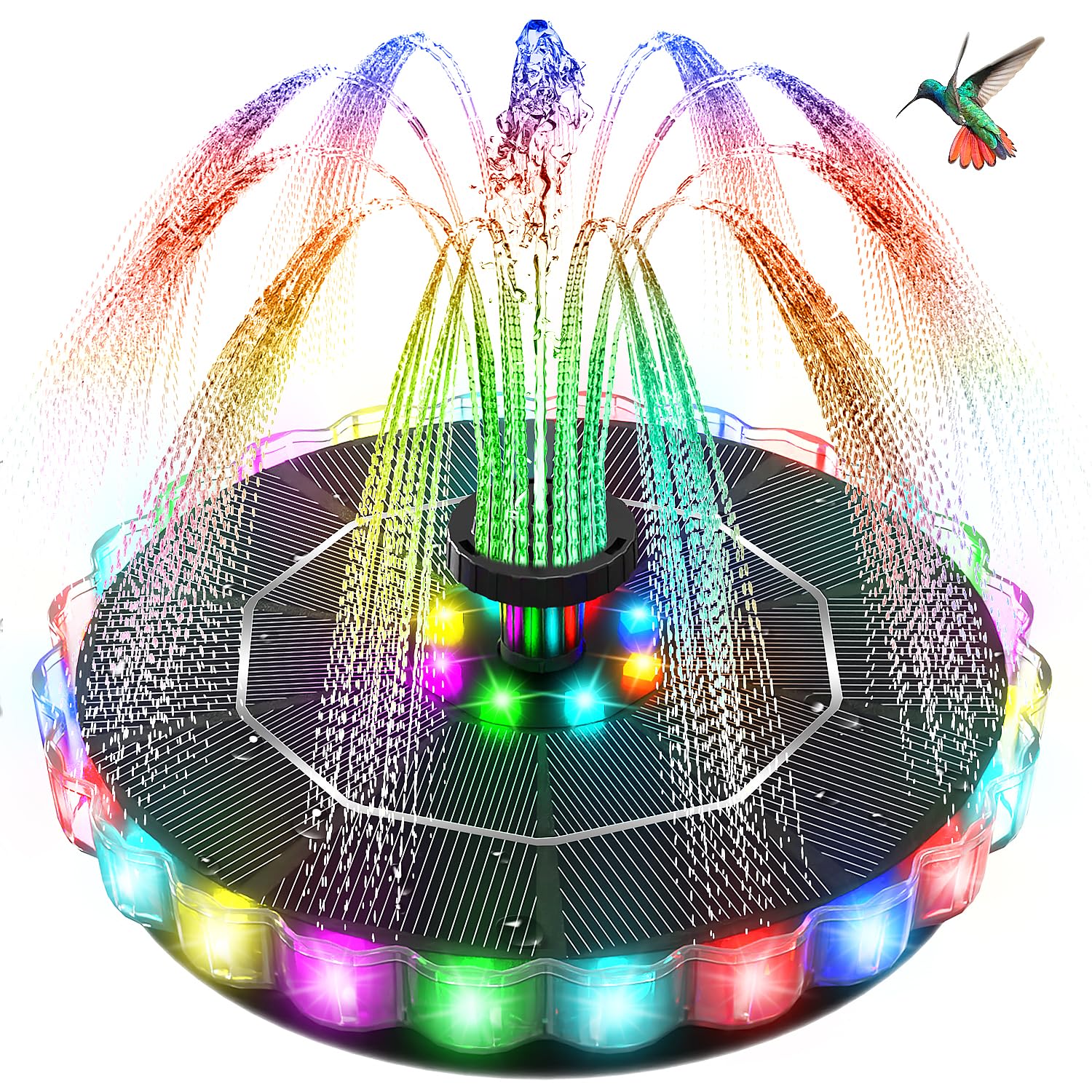 Solar Springbrunnen LED, Yzert 3.5 Solar Teichpumpe mit 2000mAh Batterie, 7 Düsen & 4 Fixe Rohre Solar Wasserpumpe Solar Schwimmender Solarbrunnen für Garten, Teich, Vogel-Bad