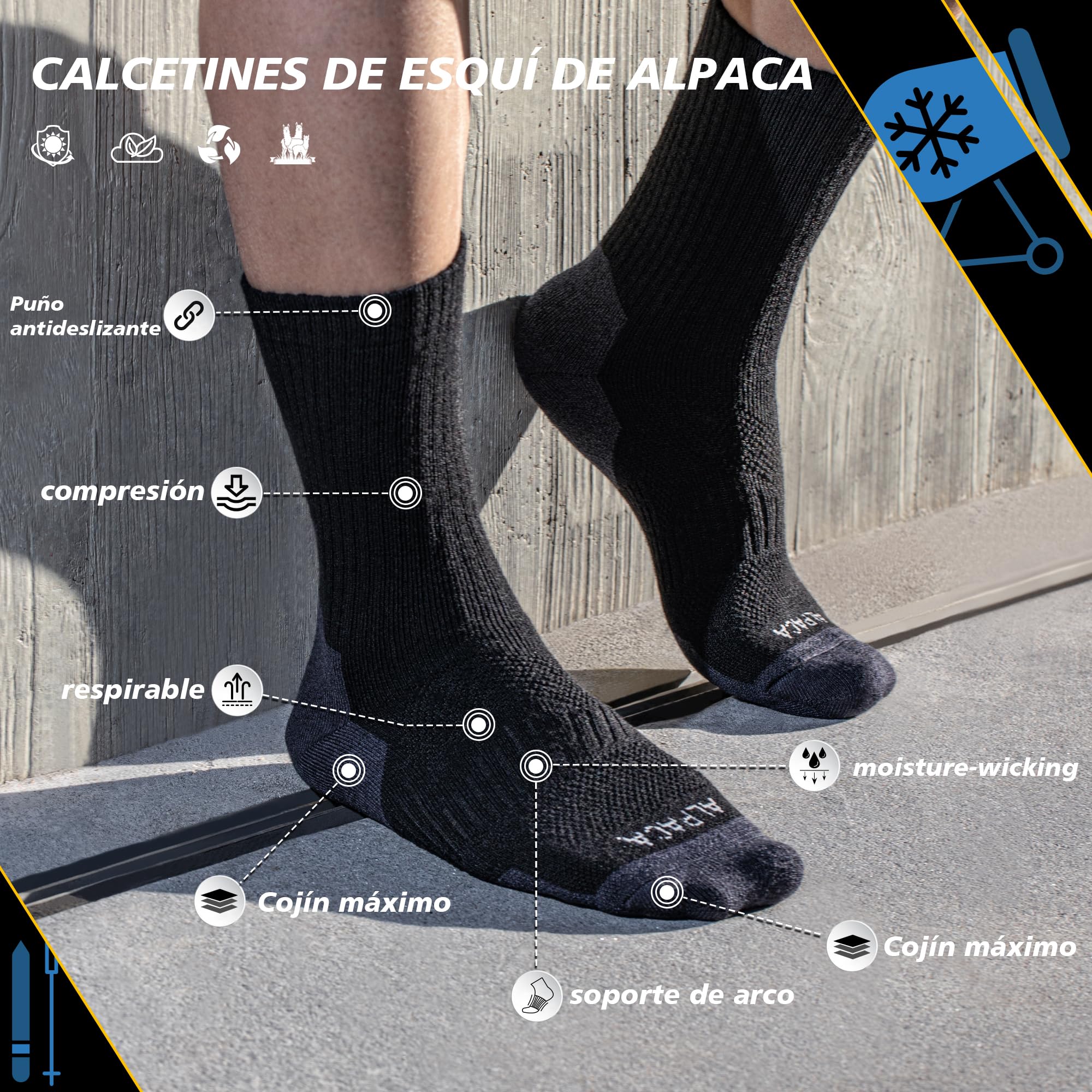 Calcetines Termicos Mujer Hombre Lana di Alpaca Calentitos 2 Pares Gruesos Calcetines Invierno Altos Frio Extremo Nieve Senderismo Running Esquiar Deportes Talla 35-51